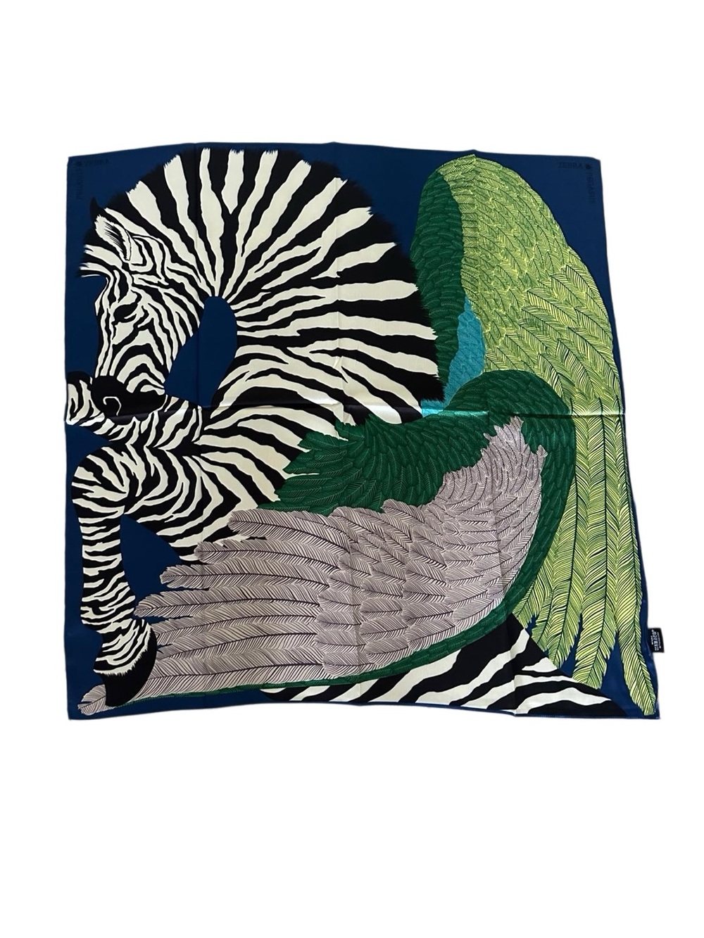 100% Silk Navy Zebra & Green Feather Silk Scarf 90cm